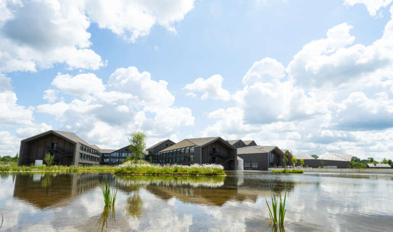 Exterior view of the Deloitte University campus, with wooden buildings reflected in a pond under a cloudy sky.