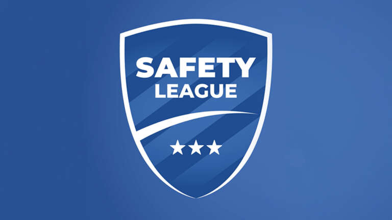 "Safety League" campaign logo on a blue background, designed as a crest with three stars.