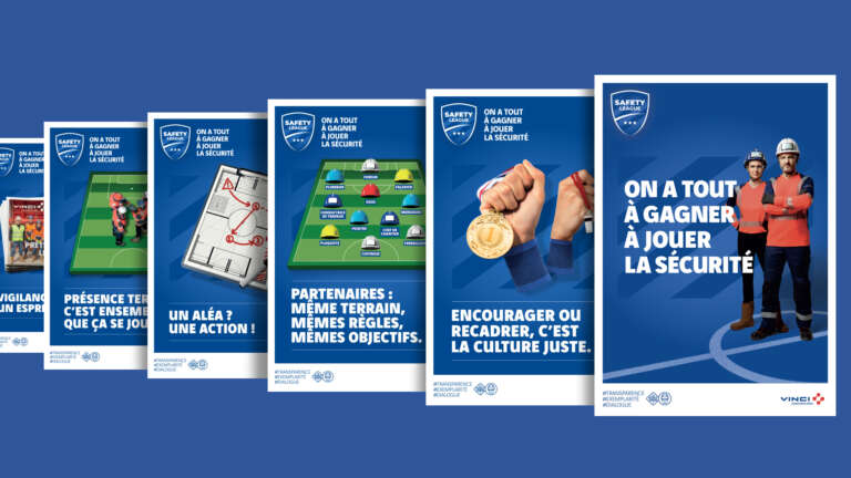 A series of educational posters titled “There’s everything to win by playing safety,” using sports metaphors to promote safety on construction sites.